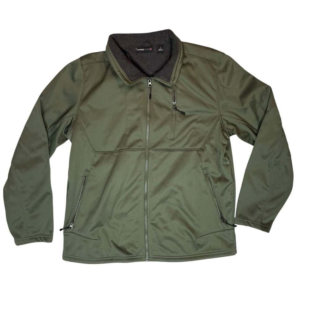 Swiss Tech Green Softshell Jacket Mens M Fleece Lined Full Zip Outdoor